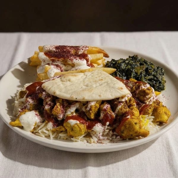 A plate of chicken and rice with a side of fries and greens, topped with sauces and spices.