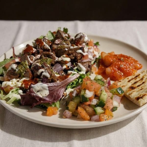 A plate of grilled meat with sauces, a side salad, tomato salsa, and pita bread.